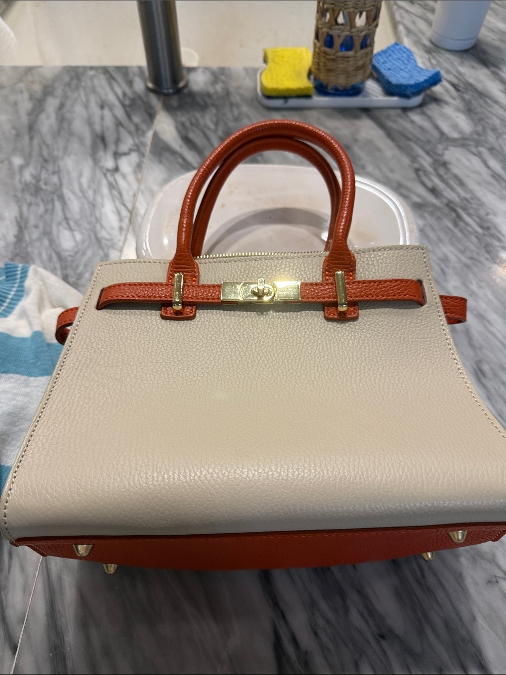 Cream and Orange Leather Top-Handle Satchel with Gold Hardware